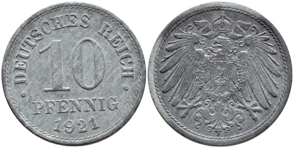 ГЕРМАНИЯ 10 ПФЕННИГОВ 1921 KM 26, J. 299 цинк 4395-1253