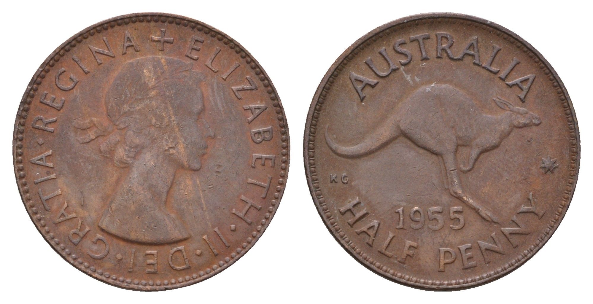 Австралия 1/2 пенни 1955 Елизавета II (1952-2022), кенгуру KM 49 бронза 4671-443