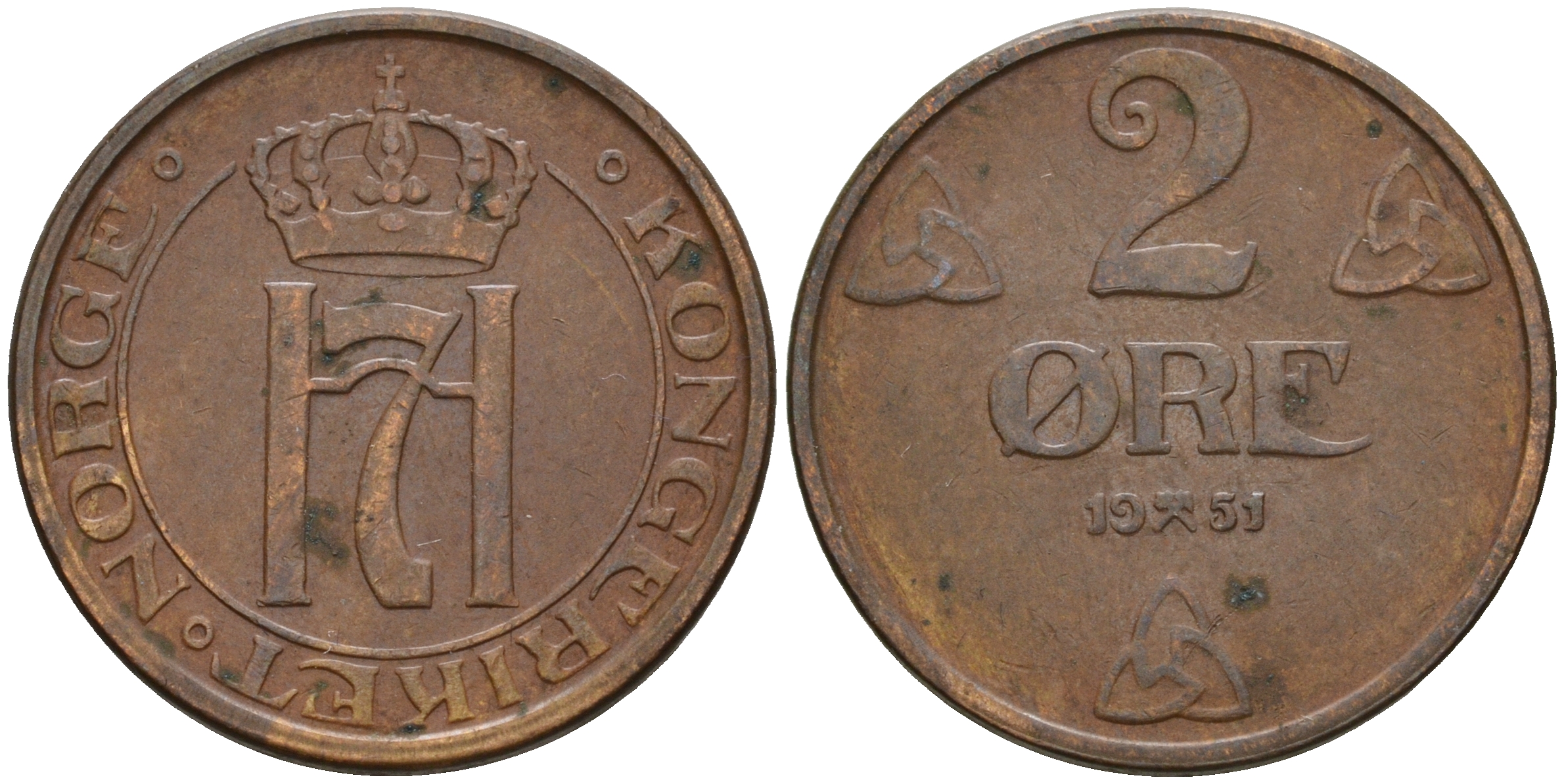 Норвегия 2 эре 1951 Хокон VII (1905-1957) KM 371 бронза 4606-657