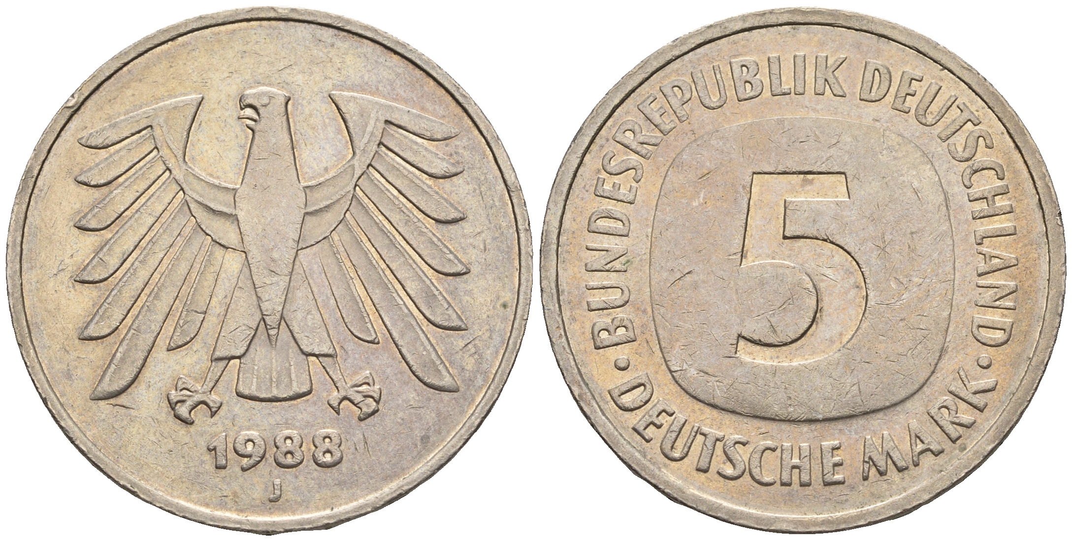 ФРГ 5 марок 1988 J, KM 140.1 , J 415 медно-никель плакированный никелем 85-1153