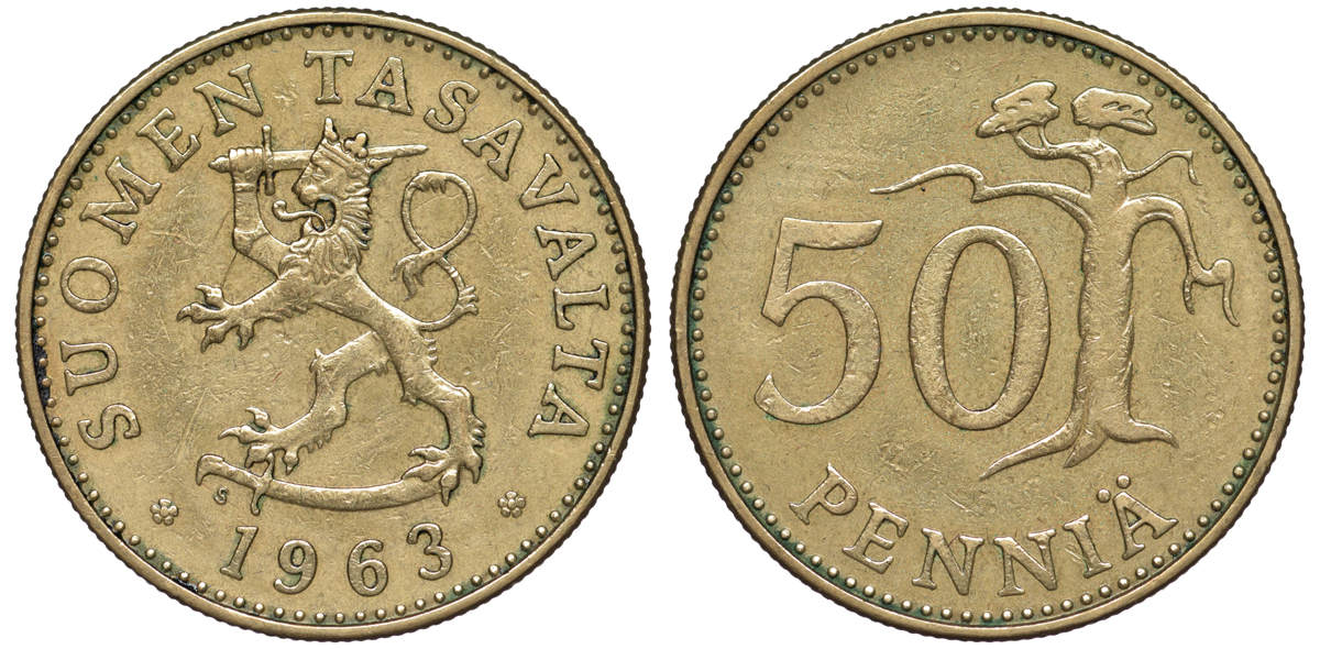 Финляндия 50 пенни 1963 S KM 48 алюминиевая бронза 259-556