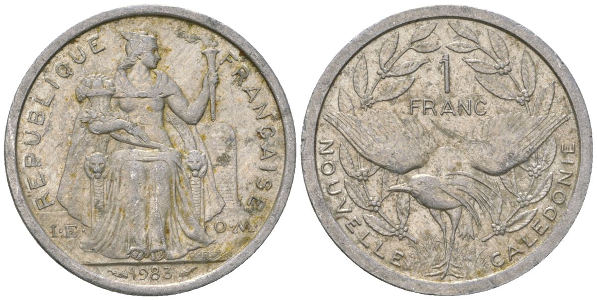 Французская Новая Каледония 1 франк 1983 птица кагу, (IEOM) KM 10, Schoen 10, Lec 46 алюминий    51-2313