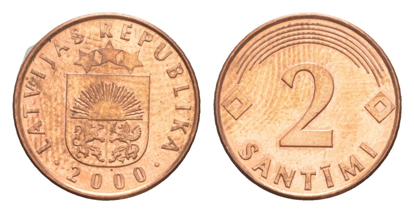 Латвия 2 сантима 2000 KM 21 сталь плакированая медью UNC 3955-1269