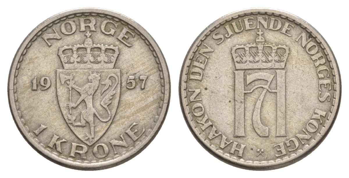 Норвегия 1 крона 1956 Хокон VII (1905-1957) KM 397 медно-никель 4635-635