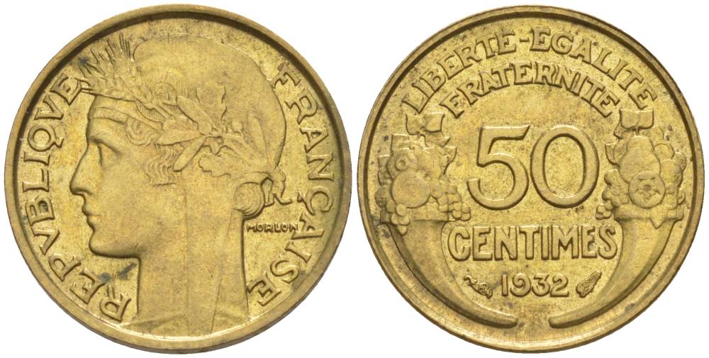 ФРАНЦИЯ 50 САНТИМОВ 1932 ТИП MORLON, OPEN 9, С ЯГОДОЙ KM 894.1, LE FRANC 192.7 алюминиевая бронза 44-663