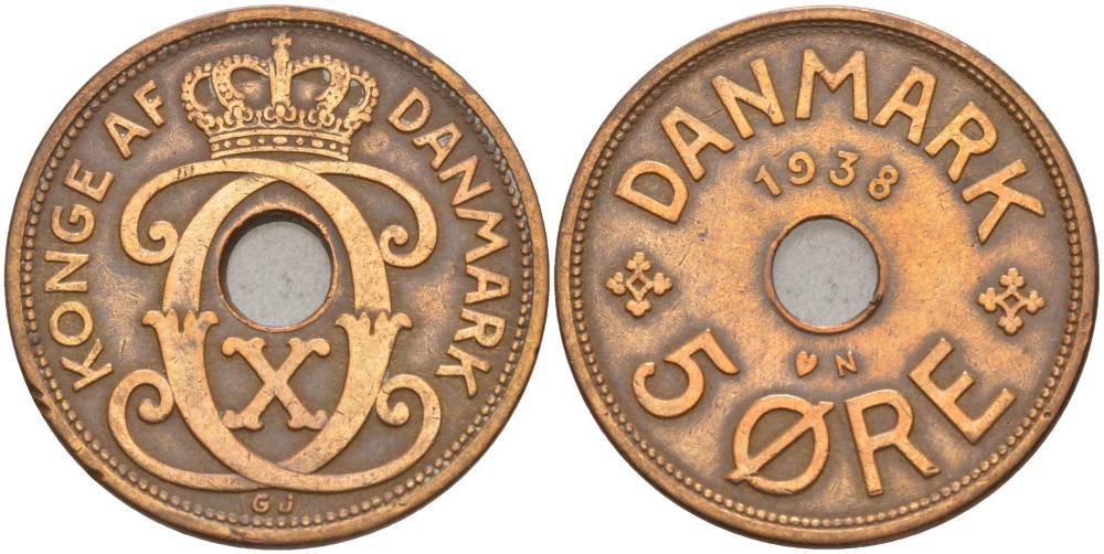 ДАНИЯ 5 ЭРЕ 1938 N; GJ, КРИСТИАН X (1912-1947) KM 828.2 бронза 69-522