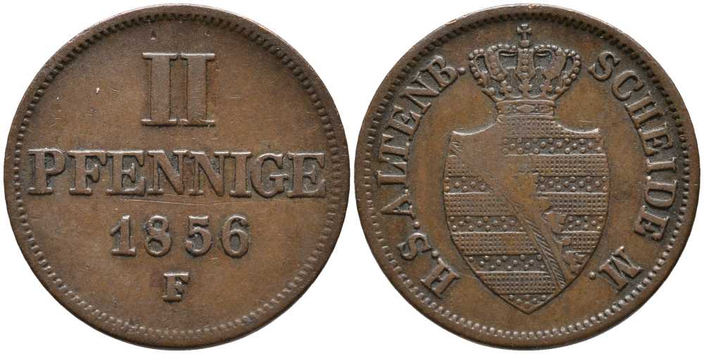 Саксен-Альтенбург 2 пфеннига 1856 F, Эрнст I Саксен-Альтенбургский (1853-1908) KM 15, AKS 62 медь    116-663