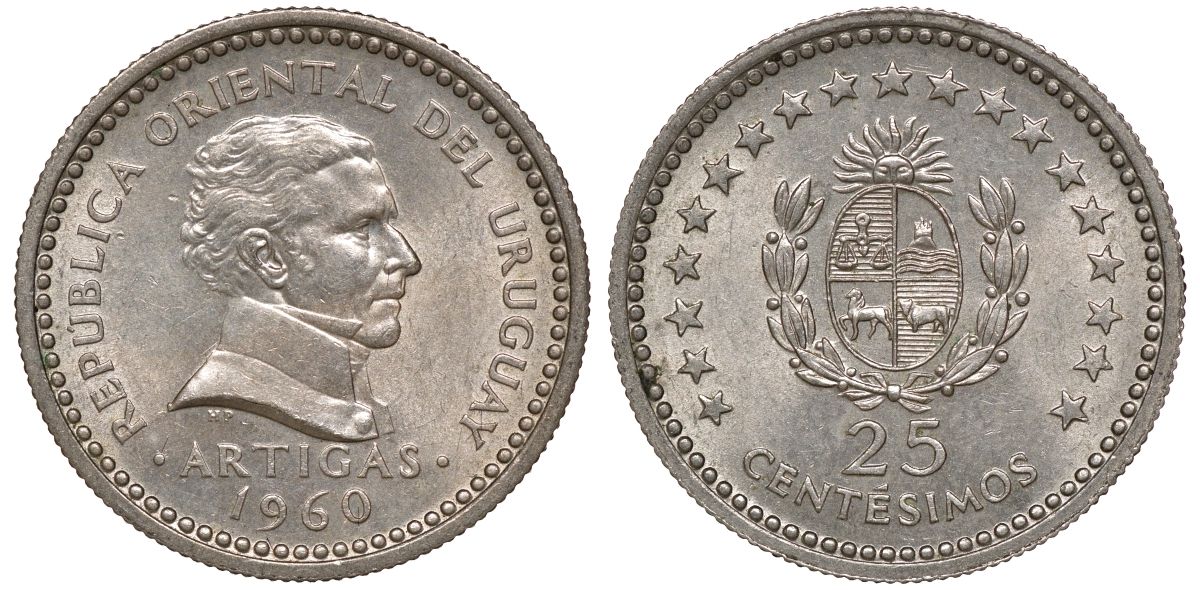 Уругвай 25 сентесимо 1960 KM 40 медно-никель 4169-868
