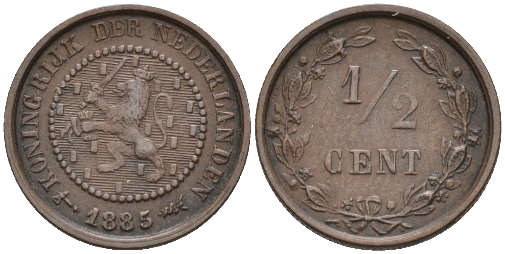 Нидерланды 1/2 цента 1885 Виллем III (1849-1890) KM 109 медь 4115-219