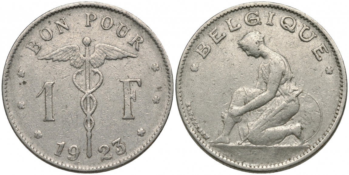 Бельгия 1 франк 1923 Belgique, Альберт I (1909-1934) KM 89 никель 51-1931