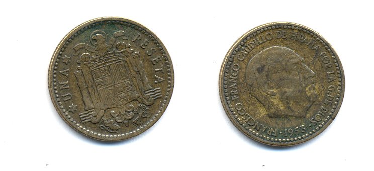 ИСПАНИЯ 1 ПЕСЕТА 1953 (61) ФРАНСИСКО ФРАНКО ДИКТАТОР ИСПАНИИ (1939-1975) KM 775 алюминиевая бронза 54-317