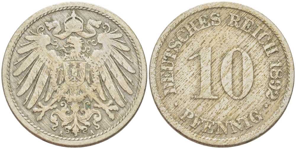 ГЕРМАНИЯ 10 ПФЕННИГОВ 1892 A KM 12, J. 13, Weege 8 медно-никель 261-1243