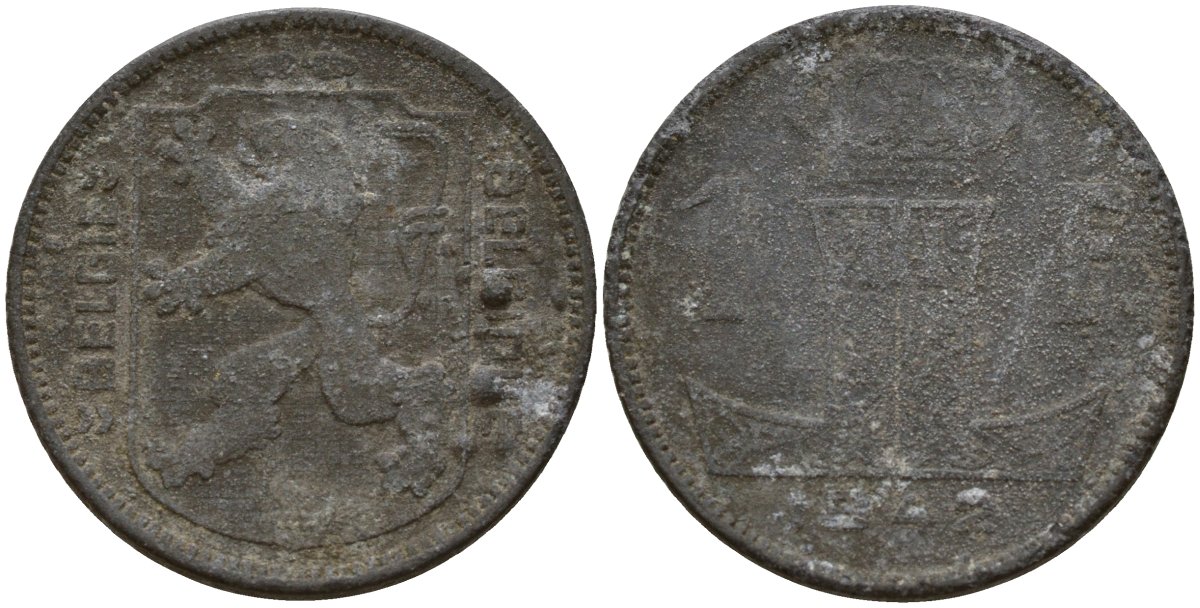 Бельгия 1 франк 1942 Belgique - Belgie, Леопольд III (1934-1947), германская оккупация, Вторая мировая война KM 127 цинк 4161-454