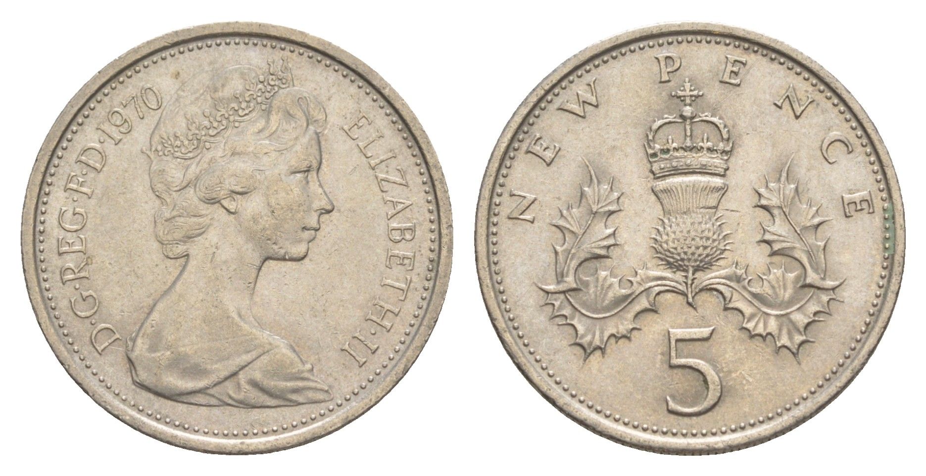 Великобритания 5 новых пенсов 1970 Елизавета II (1952-2022) KM 911, Spink 4233 (D1) медно-никель aUNC 4638-436