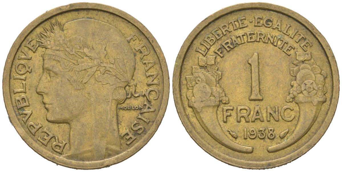 Франция 1 франк 1938 KM 885, Le Franc 219.2 алюминиевая бронза 261-533