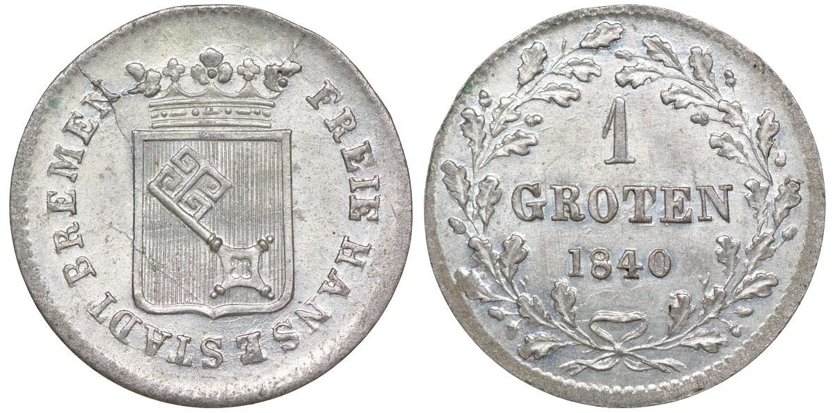 Бремен 1 гротен 1840  KM 230, J. 18, AKS 8 серебро  UNC  413-6613