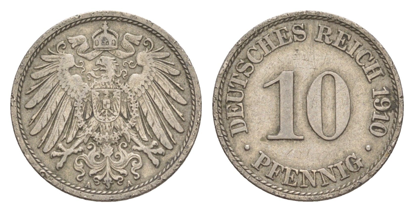 Германия 10 пфеннигов 1910 A, Вильгельм II (1888-1918) KM 12, J. 13 медно-никель 4640-317