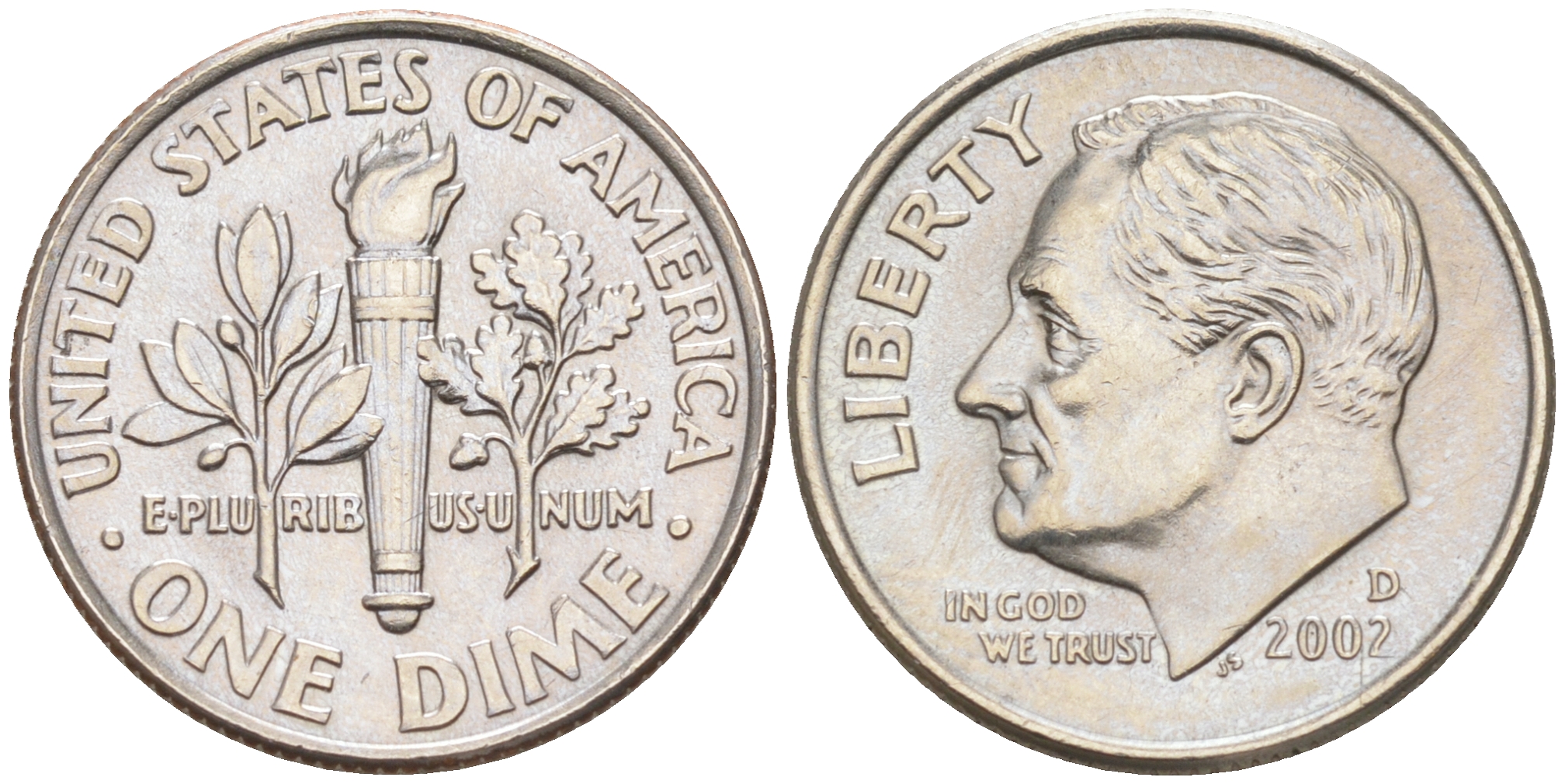 США 10 ЦЕНТОВ = 1 ДАЙМ 2002 D, РУЗВЕЛЬТ KM 195a медь плакированная медно-никелем 188-731