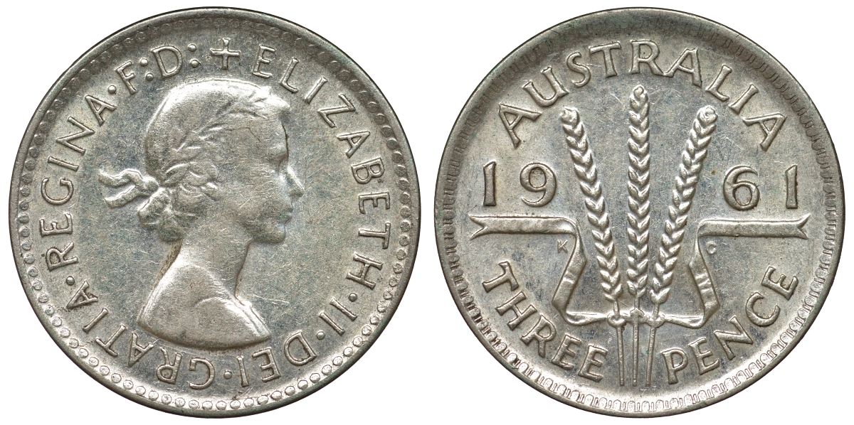 Австралия 3 пенса 1961 m, Елизавета II (1952-2022) KM 57 серебро 71-751