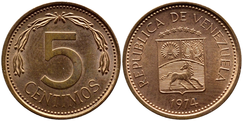 Венесуэла 5 сентимо 1974 KM 49 сталь плакированная медью 4392-934