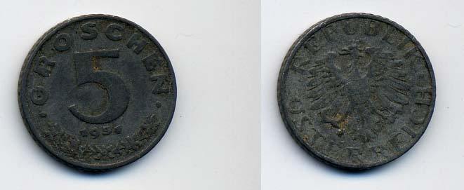 АВСТРИЯ 5 ГРОШЕЙ 1951 KM 2875 цинк 58-556