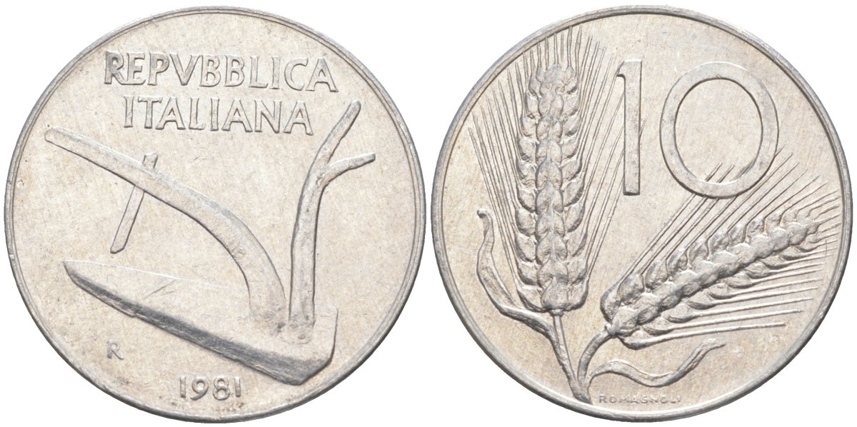 Италия 10 лир 1981 R, КОЛОС, плуг KM 93 алюминий 4519-1127