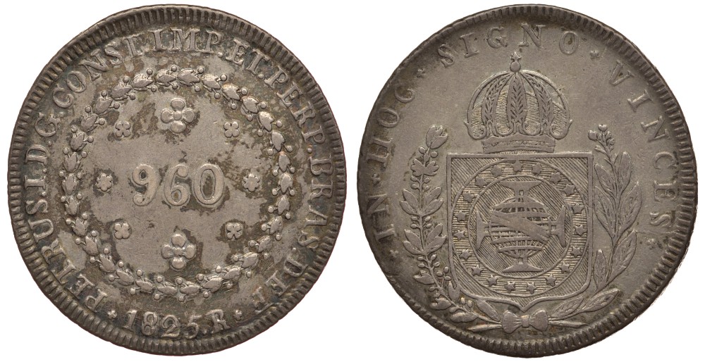 Бразилия 960 рейс 1825 R, Педро II (1831-1889), перечекан, красивая золотисто-голубая патина, маленькие ЦИФРЫ НОМИНАЛА 960 KM 368.1 серебро 00-803-69