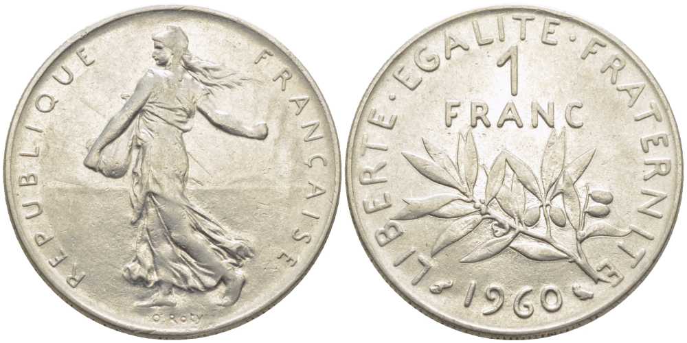 ФРАНЦИЯ 1 ФРАНК 1960 СЕЯТЕЛЬ KM 925.1, LE FRANC 226.4 никель 175-517