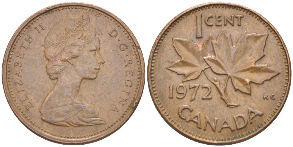 Канада 1 цент 1972 Елизавета II (1952-2022), кленовый лист KM 59.1 бронза 4181-1249