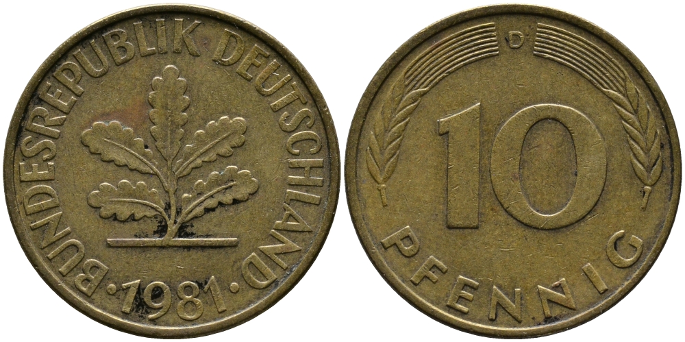 ФРГ 10 ПФЕННИГОВ 1981 D KM 108, J. 383 сталь плакированная латунью 33-145