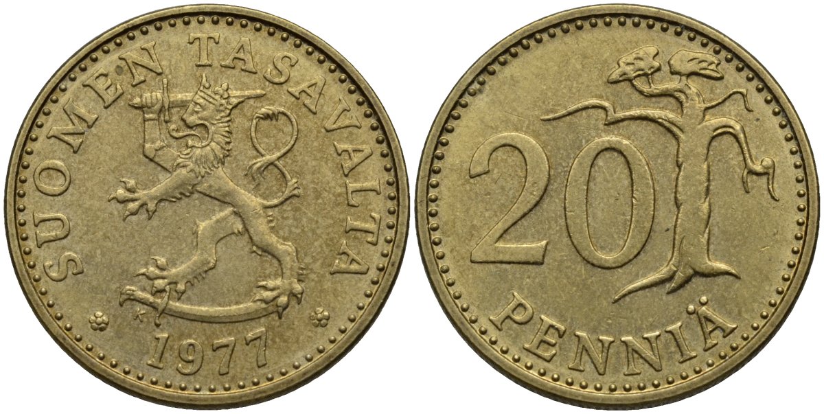 Финляндия 20 пенни 1977 KM 47 алюминиевая бронза 4175-432