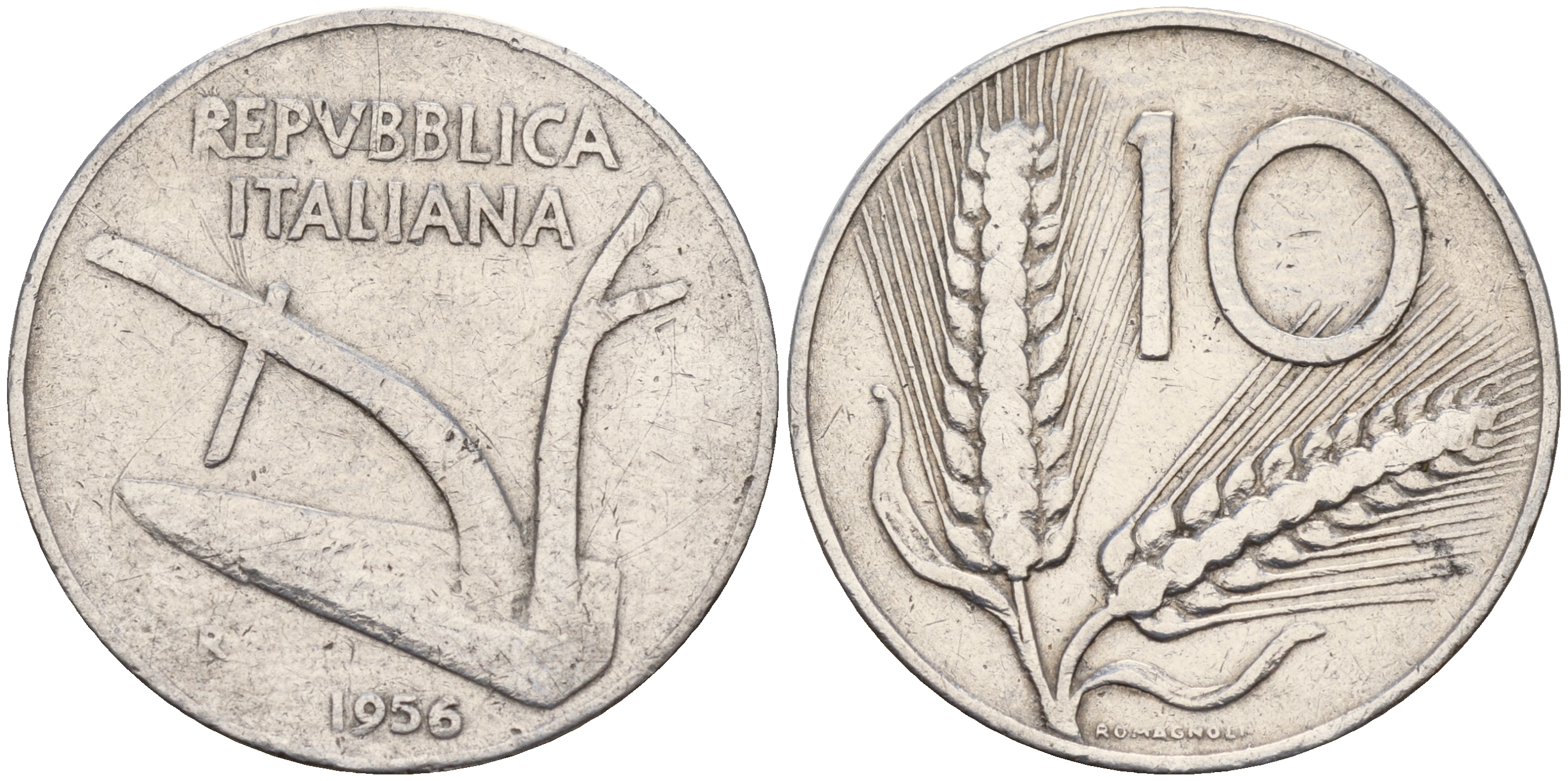Италия 10 лир 1956 R, плуг KM 93 алюминий 4595-337