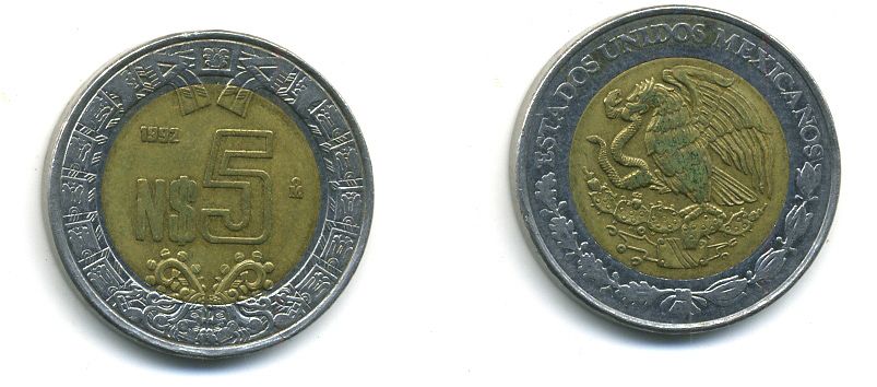 МЕКСИКА 5 ПЕСО 1992 биметалл 4-633