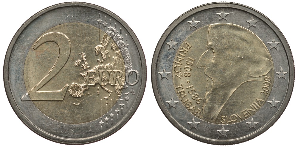 Словения 2 евро 2008 500 лет со дня рождения Приможа Трубара KM 80 биметалл 3856-627