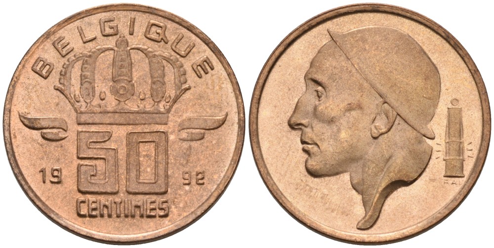 Бельгия 50 сантимов 1992 Belgique KM 148.1 бронза UNC 192-464