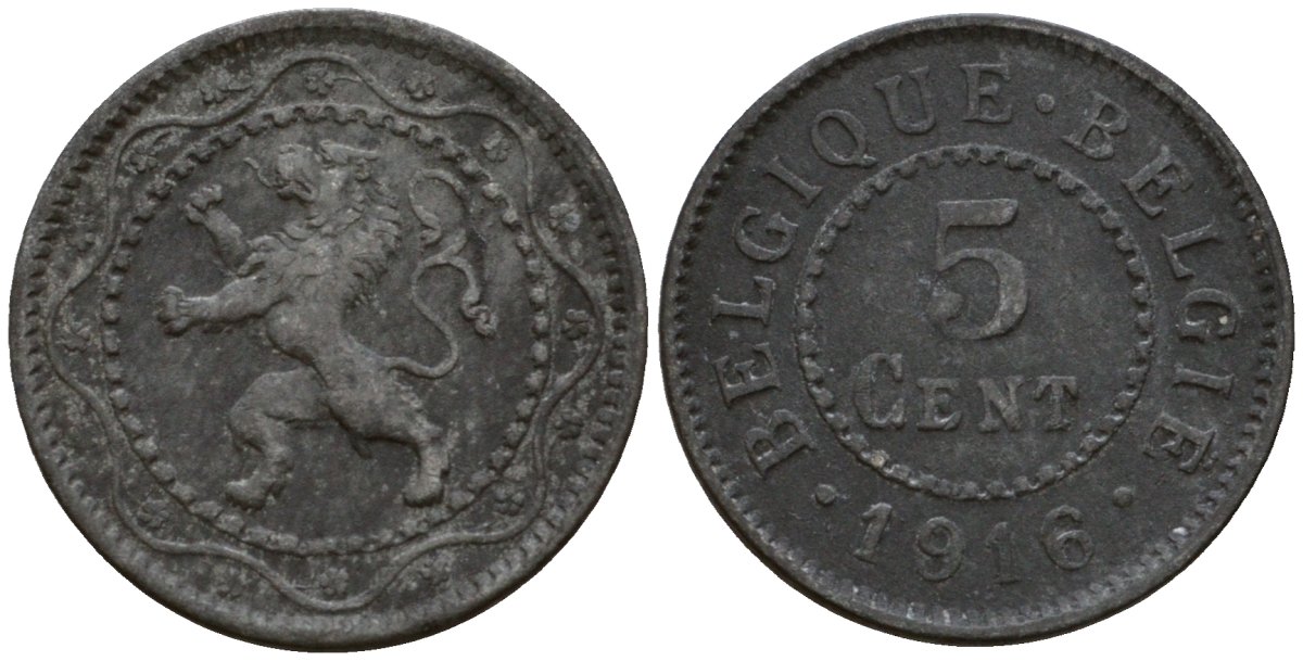 Бельгия 5 сантимов 1916 германская оккупация первая мировая война, Альберт I (1910-1934) KM 80 цинк 4602-118