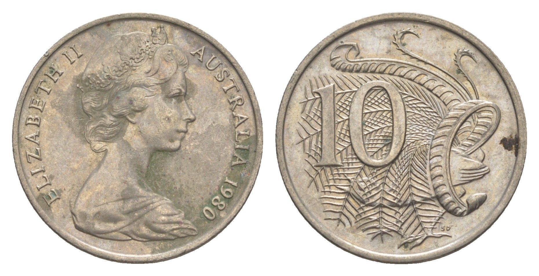 Австралия 10 центов 1980 Елизавета II (1952-2022), птица лирахвост KM 65 медно-никель 4364-1635