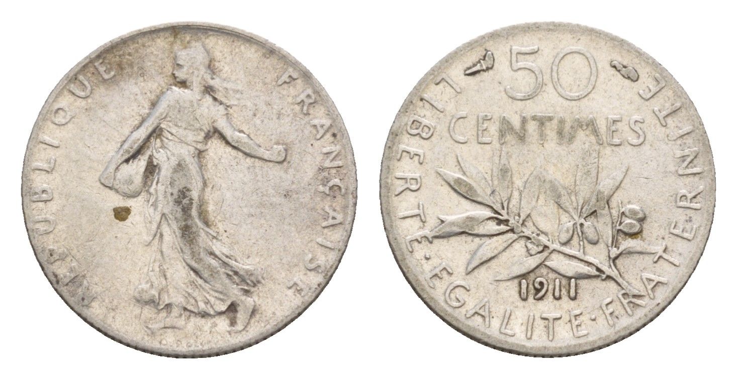 Франция 50 сантимов 1911 редкий год - 1.330.000 экземпляров KM 854 серебро 4655-519