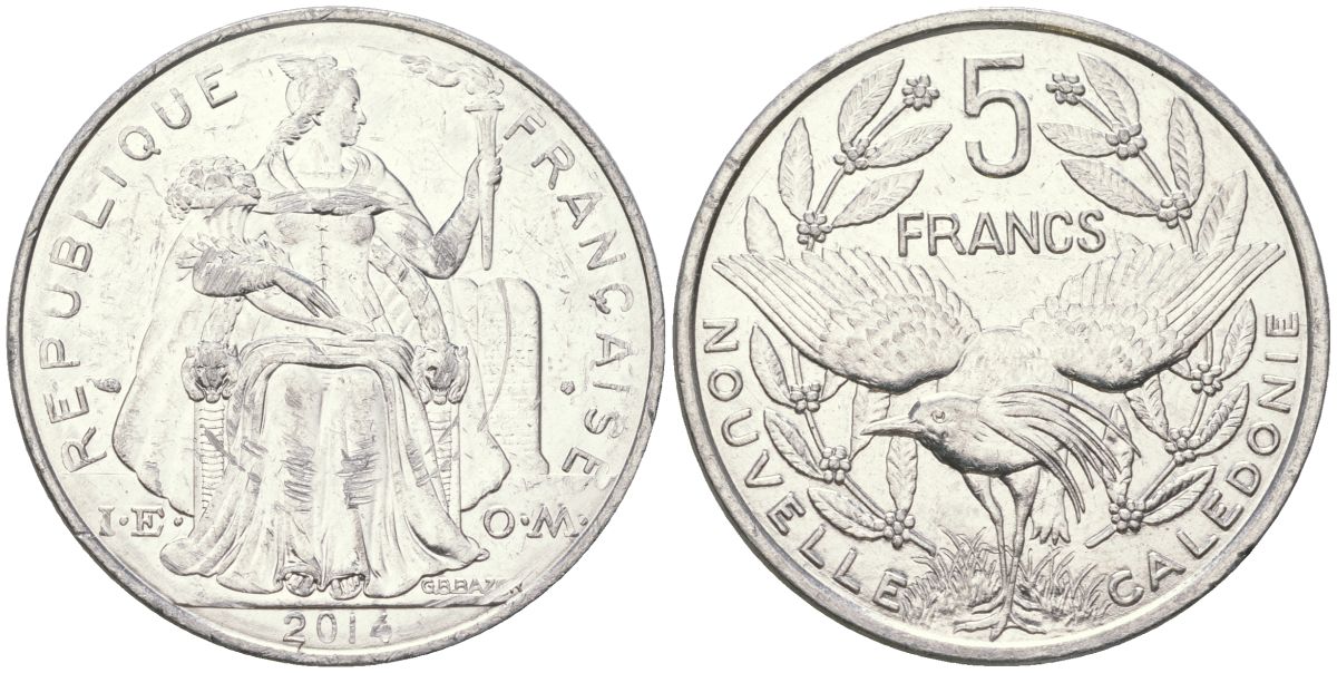 Французская Новая Каледония 5 франков 2014 птица кагу, (IEOM) KM 16, Schoen 12, Lec 81k алюминий 4117-1046