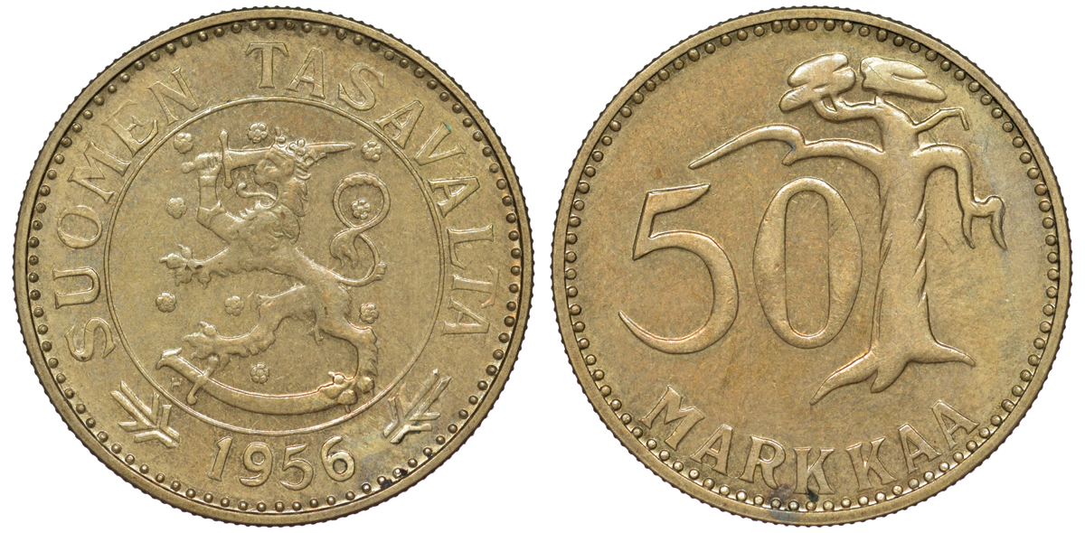 ФИНЛЯНДИЯ 50 МАРОК 1956 H KM 40 алюминиевая бронза 3334-756
