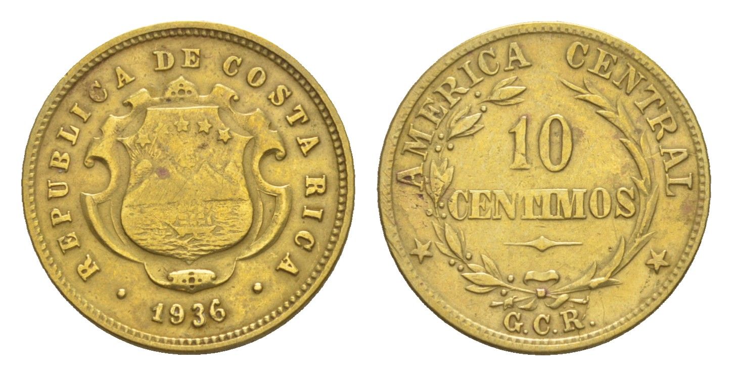 Коста-Рика 10 сентимо 1936 KM 174 латунь 4644-333