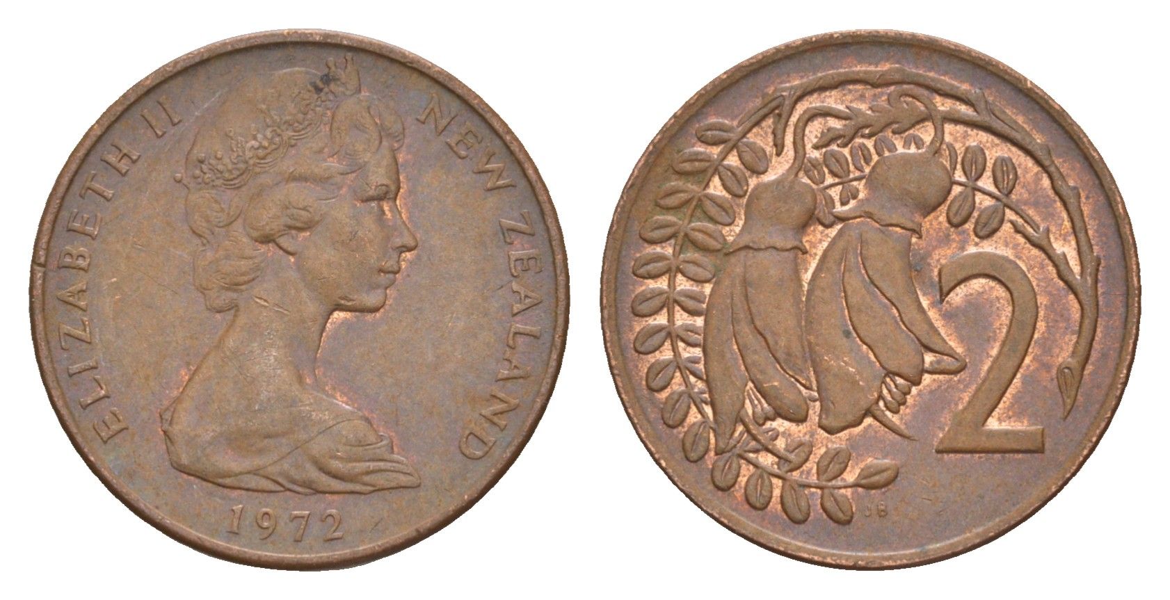 Новая Зеландия 2 цента 1972 Елизавета II (1952-2022), два цветка кохаи KM 32.1 бронза 4178-234