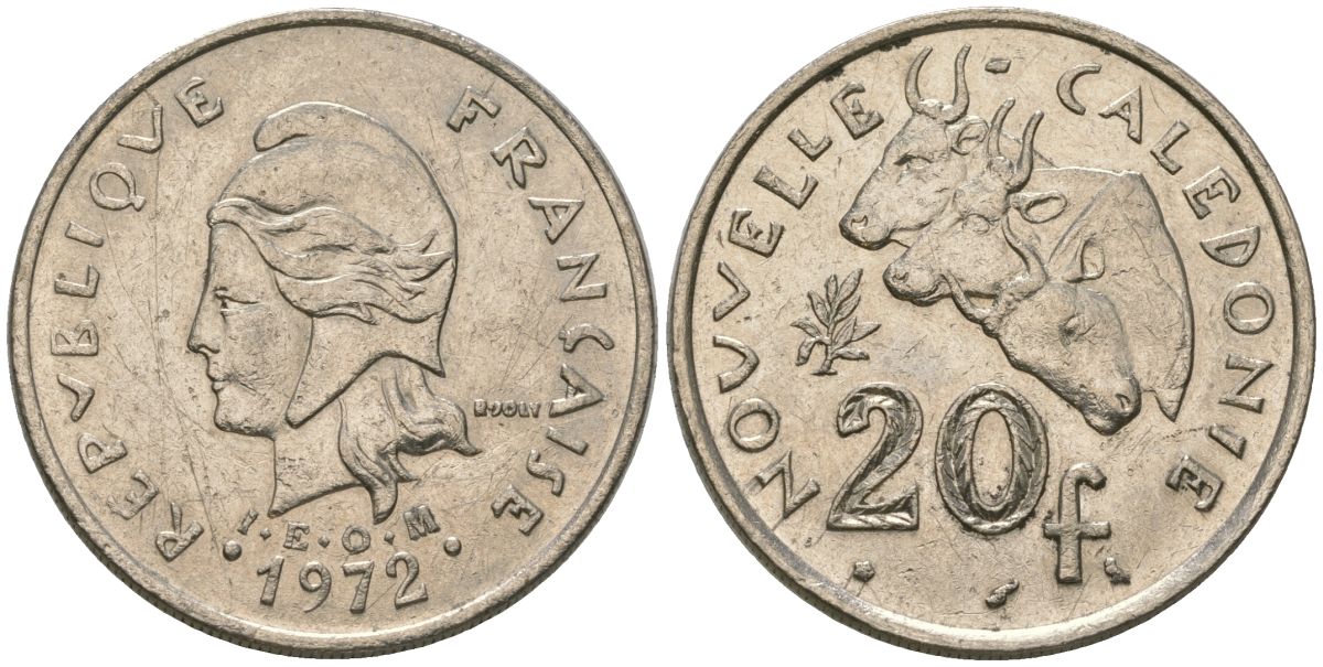 Французская Новая Каледония 20 франков 1972 три быка, (IEOM) KM 12, Schoen 14, Lec 106 никель 4120-314