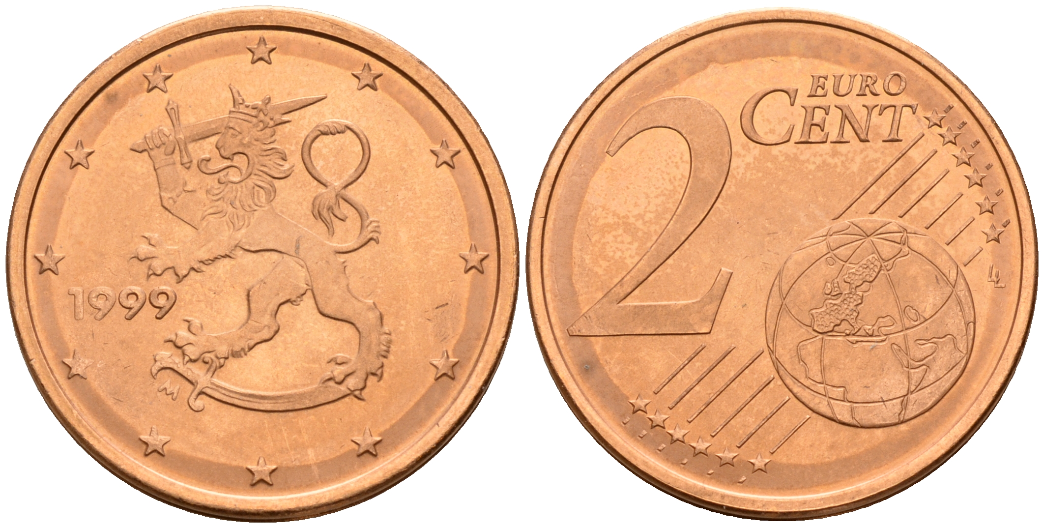 Финляндия 2 евроцента 1999  KM 99 сталь плакированная медью  UNC  4160-341
