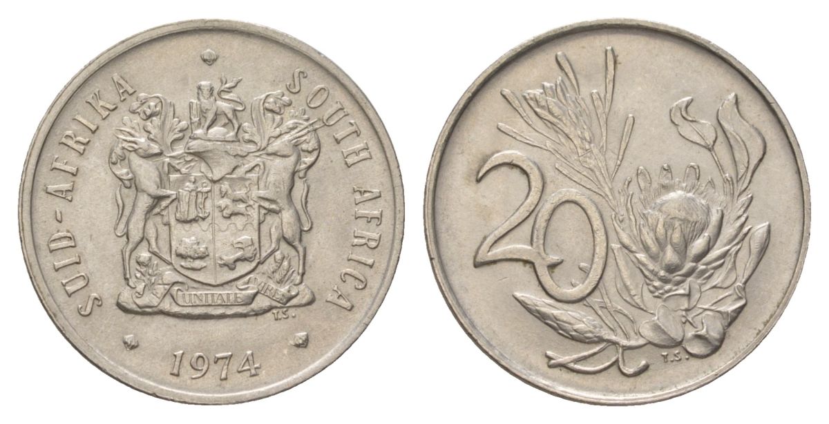 ЮАР 20 центов 1974 герб, цветок протея KM 86 никель 4626-753