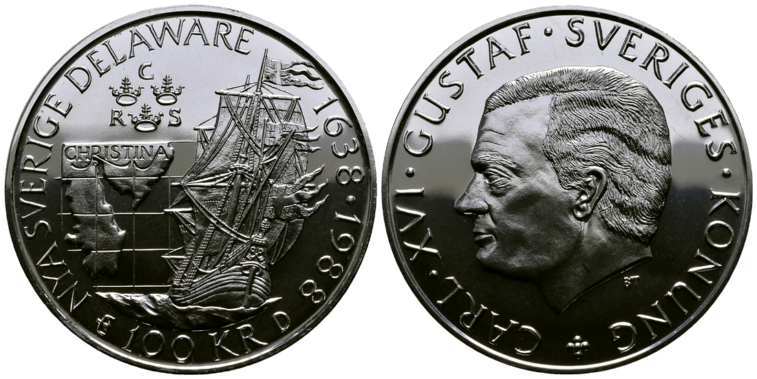 Швеция 100 крон 1988 Карл XVI Густав (1973- ), 350 лет шведской колонии Делавере KM 867.1 серебро UNC 1527-444