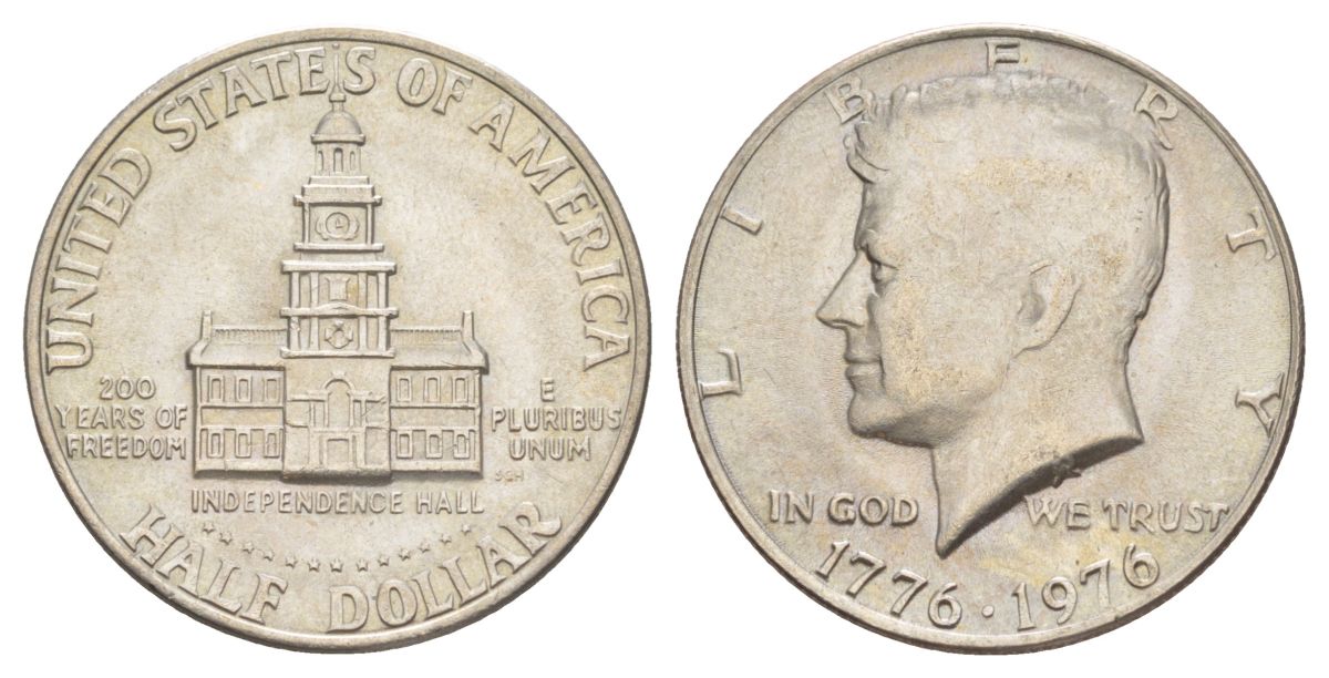 США 1/2 доллара (50 центов) 1976 200 лет независимости, Джон Кеннеди KM 205 медь плакированная медно-никелем aUNC 4545-144