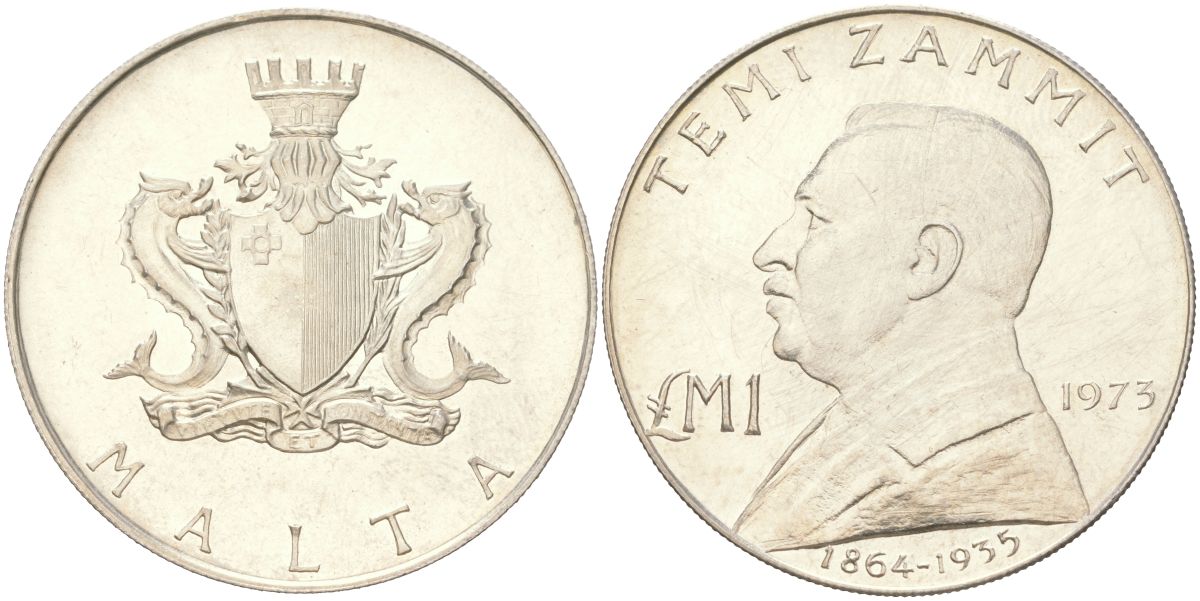 Мальта 1 лира 1973 Темистоклес Заммит KM 19 серебро BU 4367-811