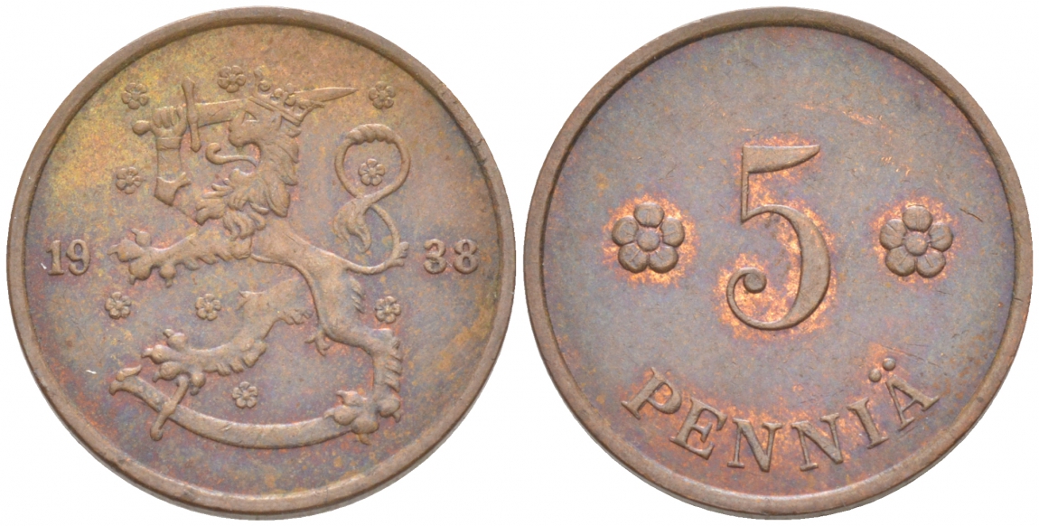 ФИНЛЯНДИЯ 5 ПЕННИ 1938 РЕСПУБЛИКА KM 22 медь 4549-416