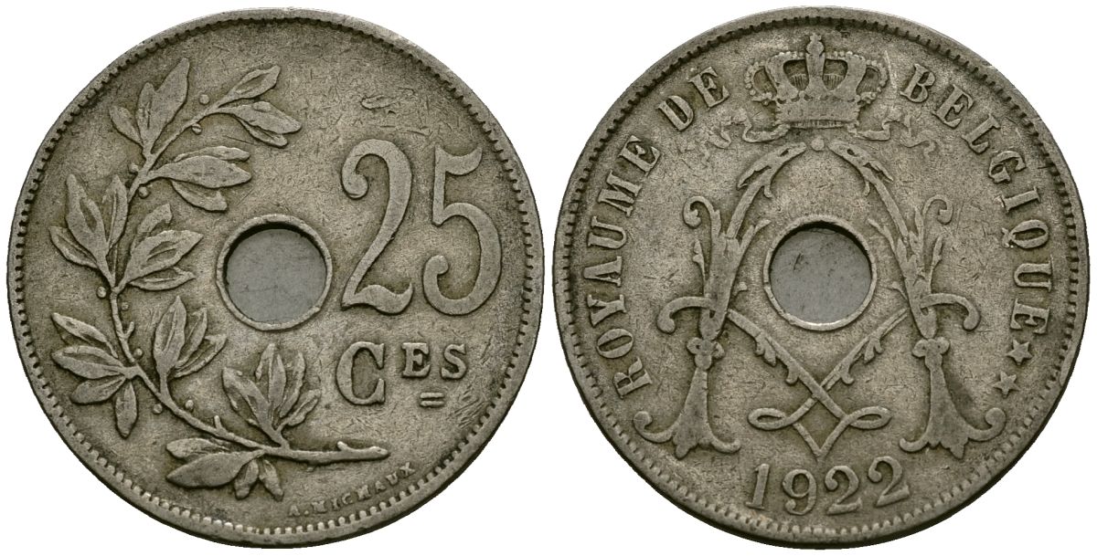Бельгия 25 сантимов 1922 Belgique KM 68 медно-никель 4165-431